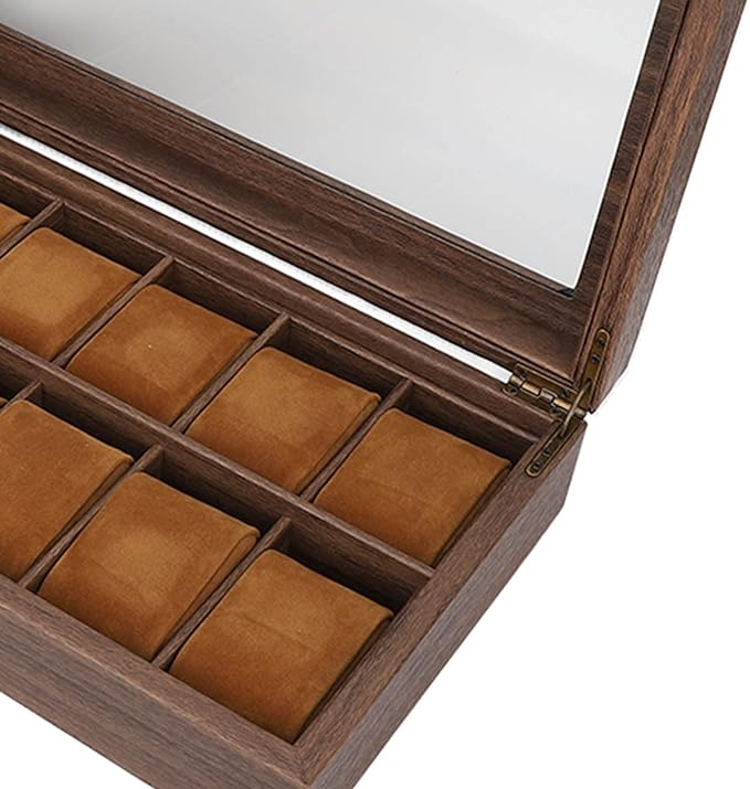 A Caja Organizadora de Reloj de Cuero PU con 12 Ranuras, Caja de Almacenamiento de Exhibición de Lujo de Grano de Madera con Parte Superior de Vidrio de Partición Grande para Almacenamiento Y Exhibición.