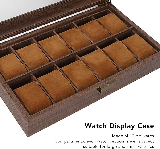 A Caja Organizadora de Reloj de Cuero PU con 12 Ranuras, Caja de Almacenamiento de Exhibición de Lujo de Grano de Madera con Parte Superior de Vidrio de Partición Grande para Almacenamiento Y Exhibición.