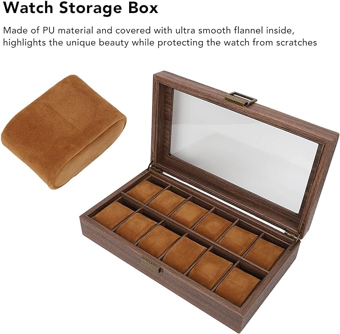 A Caja Organizadora de Reloj de Cuero PU con 12 Ranuras, Caja de Almacenamiento de Exhibición de Lujo de Grano de Madera con Parte Superior de Vidrio de Partición Grande para Almacenamiento Y Exhibición.