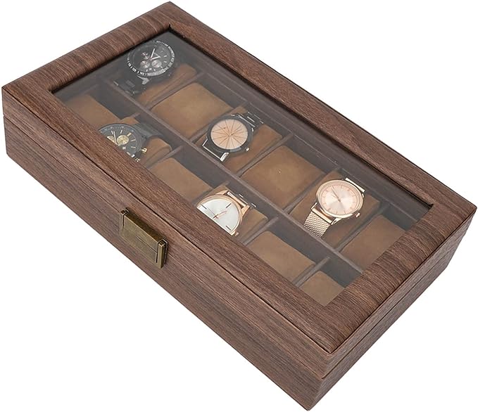 A Caja Organizadora de Reloj de Cuero PU con 12 Ranuras, Caja de Almacenamiento de Exhibición de Lujo de Grano de Madera con Parte Superior de Vidrio de Partición Grande para Almacenamiento Y Exhibición.