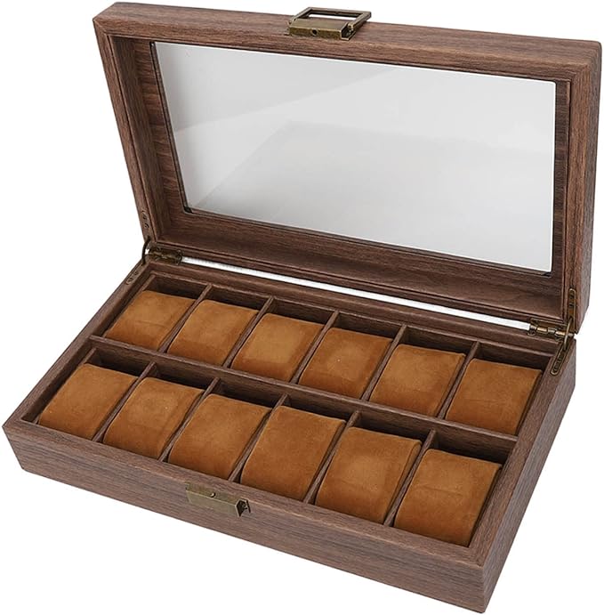A Caja Organizadora de Reloj de Cuero PU con 12 Ranuras, Caja de Almacenamiento de Exhibición de Lujo de Grano de Madera con Parte Superior de Vidrio de Partición Grande para Almacenamiento Y Exhibición.