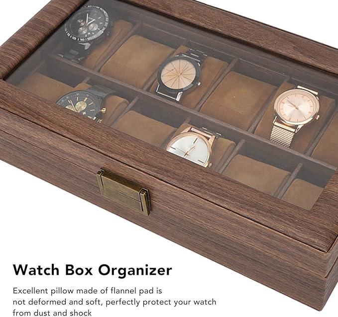 A Caja Organizadora de Reloj de Cuero PU con 12 Ranuras, Caja de Almacenamiento de Exhibición de Lujo de Grano de Madera con Parte Superior de Vidrio de Partición Grande para Almacenamiento Y Exhibición.