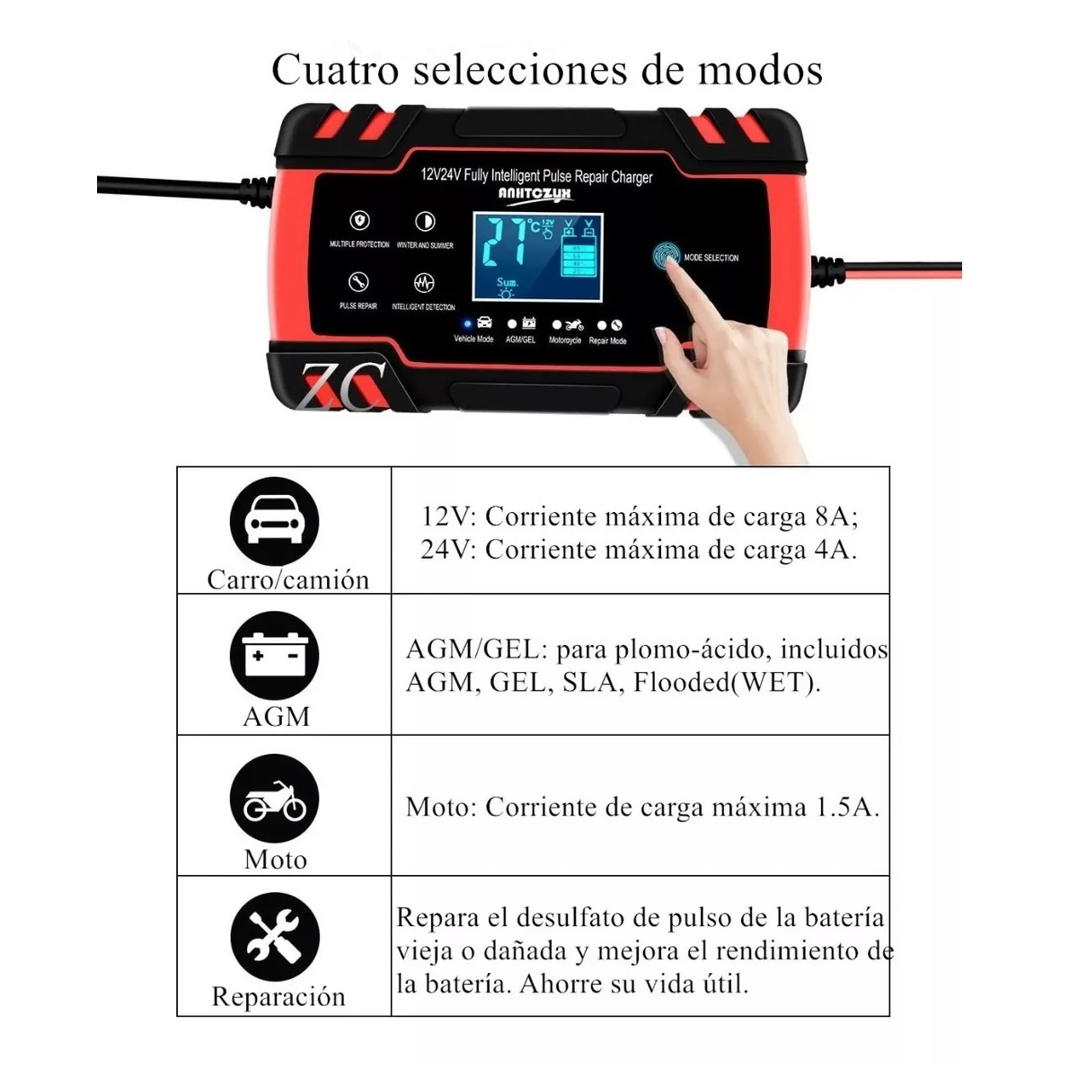Cargador Batería Carro Auto 12v 8a 24v Rápido Smart Agm Gel Negro/Rojo