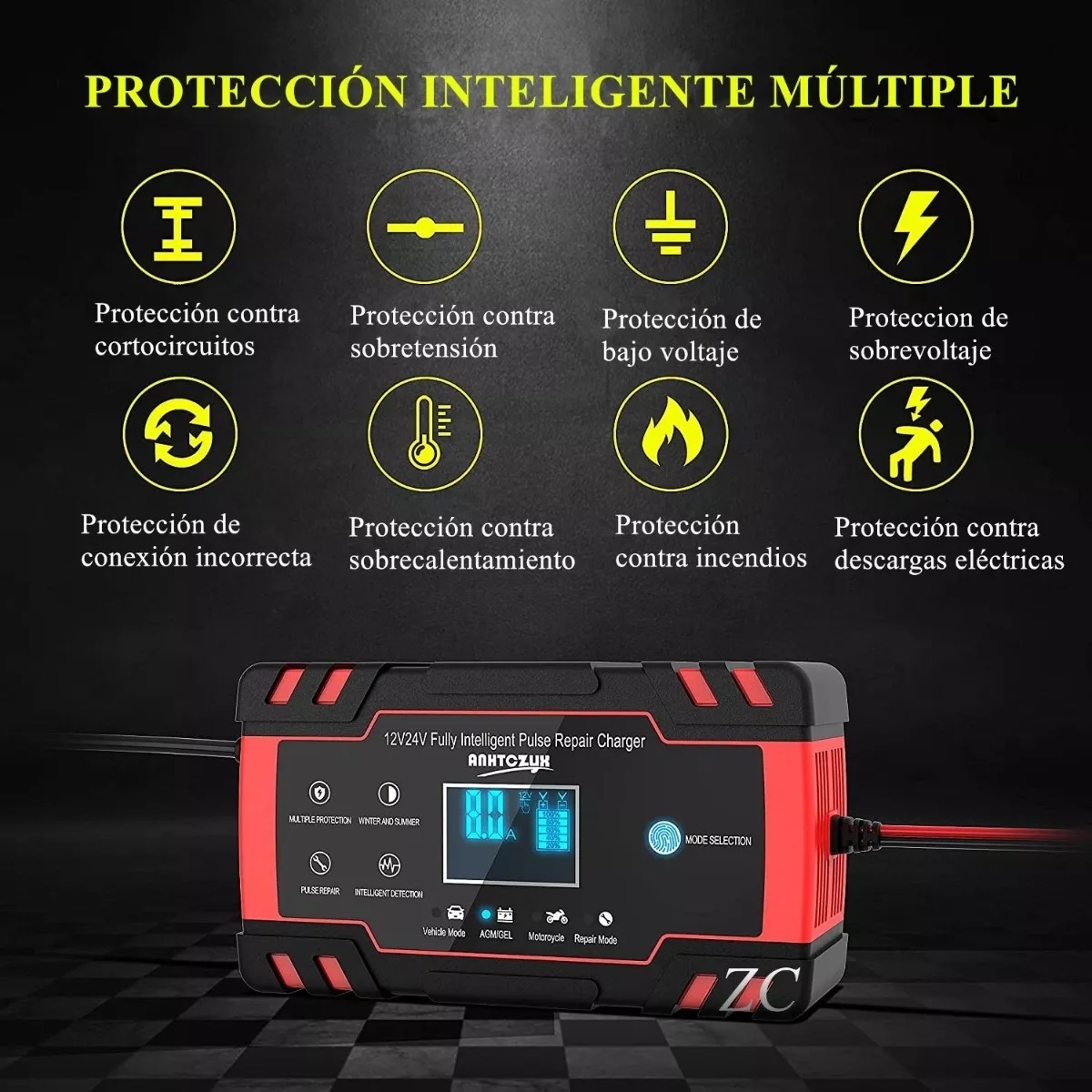 Cargador Batería Carro Auto 12v 8a 24v Rápido Smart Agm Gel Negro/Rojo