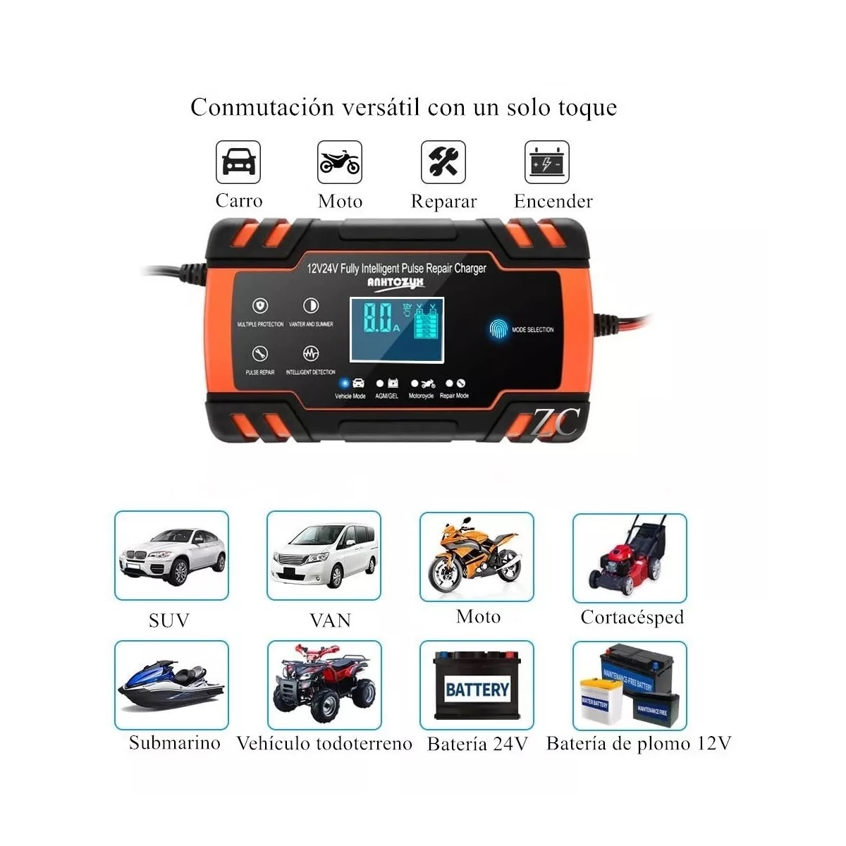 Cargador Batería Carro Auto 12v 8a 24v Rápido Smart Agm Gel Negro/Rojo