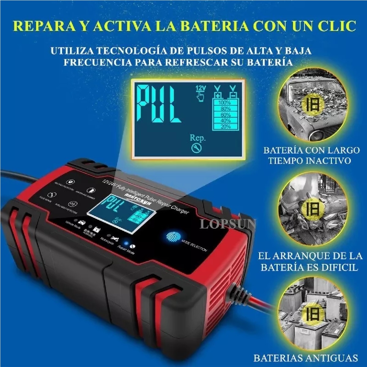 Cargador Batería Carro Auto 12v 8a 24v Rápido Smart Agm Gel Negro/Rojo