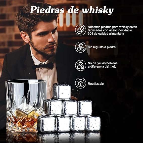 RUBOQE Juego de Vasos para Whisky de Regalo, con   A 2 Vasos para Whisky, 8 Piedras de Whisky de Acero Inoxidable, Pinzas de Acero, 2 Portavasos de Piedra.