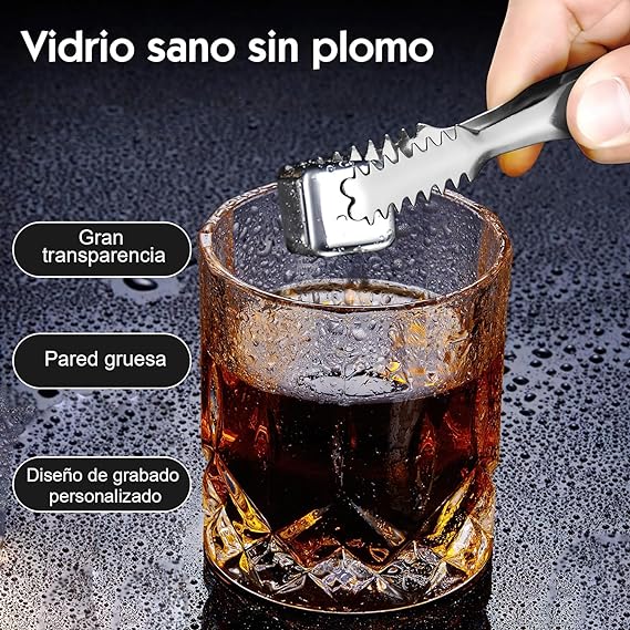 RUBOQE Juego de Vasos para Whisky de Regalo, con   A 2 Vasos para Whisky, 8 Piedras de Whisky de Acero Inoxidable, Pinzas de Acero, 2 Portavasos de Piedra.