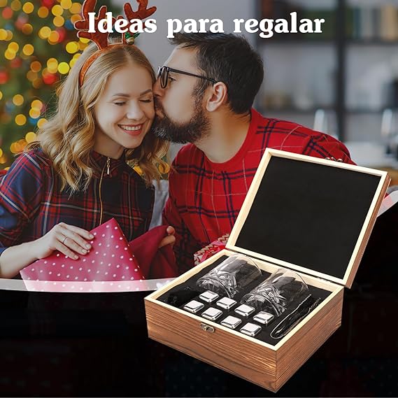RUBOQE Juego de Vasos para Whisky de Regalo, con   A 2 Vasos para Whisky, 8 Piedras de Whisky de Acero Inoxidable, Pinzas de Acero, 2 Portavasos de Piedra.