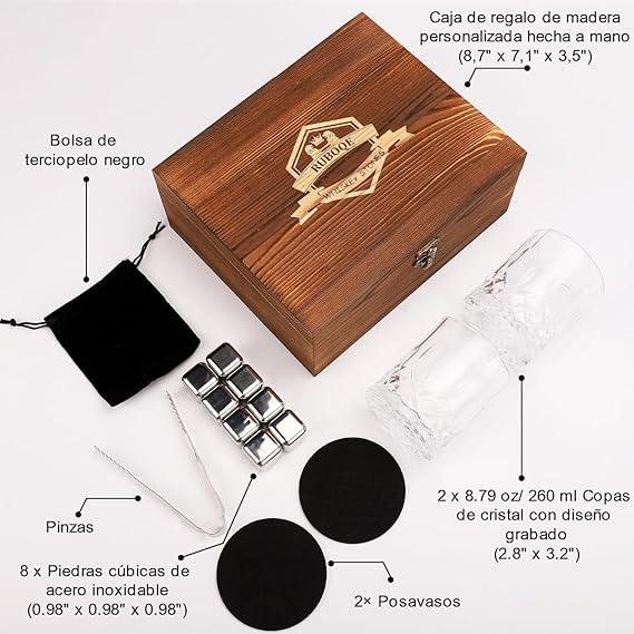 RUBOQE Juego de Vasos para Whisky de Regalo, con   A 2 Vasos para Whisky, 8 Piedras de Whisky de Acero Inoxidable, Pinzas de Acero, 2 Portavasos de Piedra.