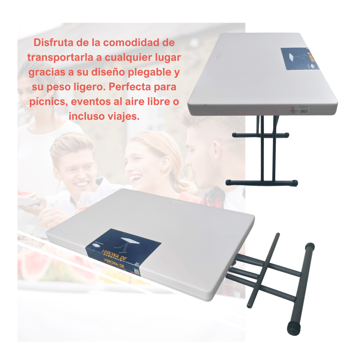 Mesa de Servicio Plegable Verona: duradera, portátil, altura ajustable 75 X 50 Cm..