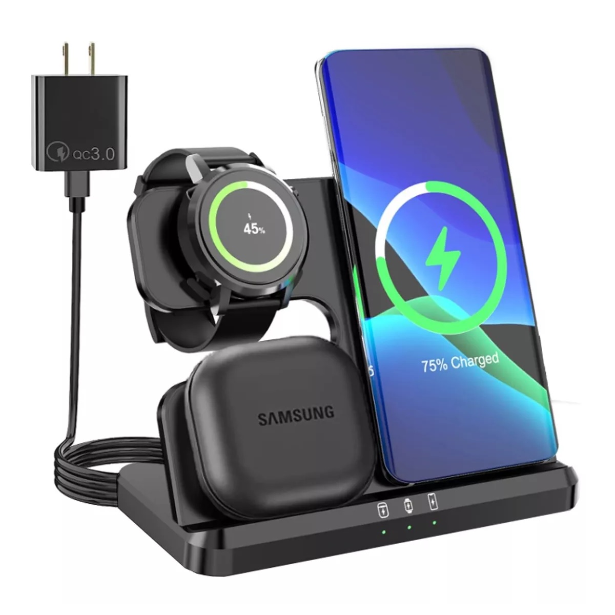 Cargador Inalámbrico 3 En 1 Para Samsung iPhone AirPods Negro .
