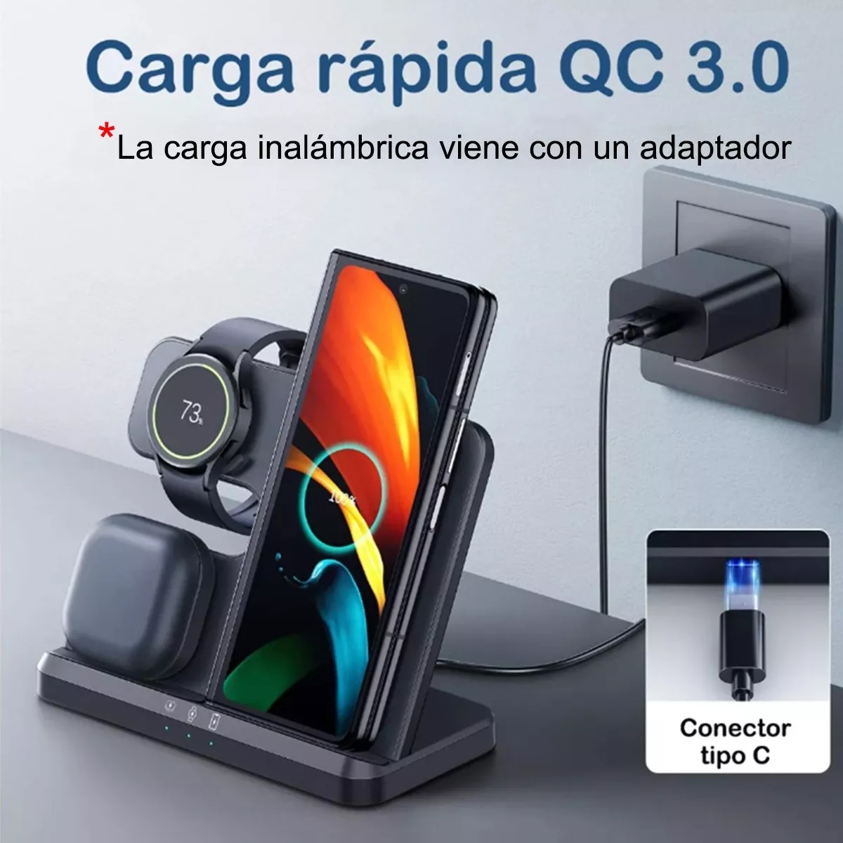 Cargador Inalámbrico 3 En 1 Para Samsung iPhone AirPods Negro .