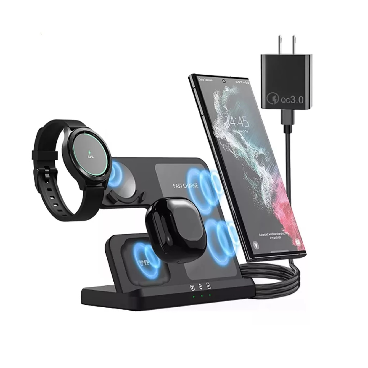 Cargador Inalámbrico 3 En 1 Para Samsung iPhone AirPods Negro .
