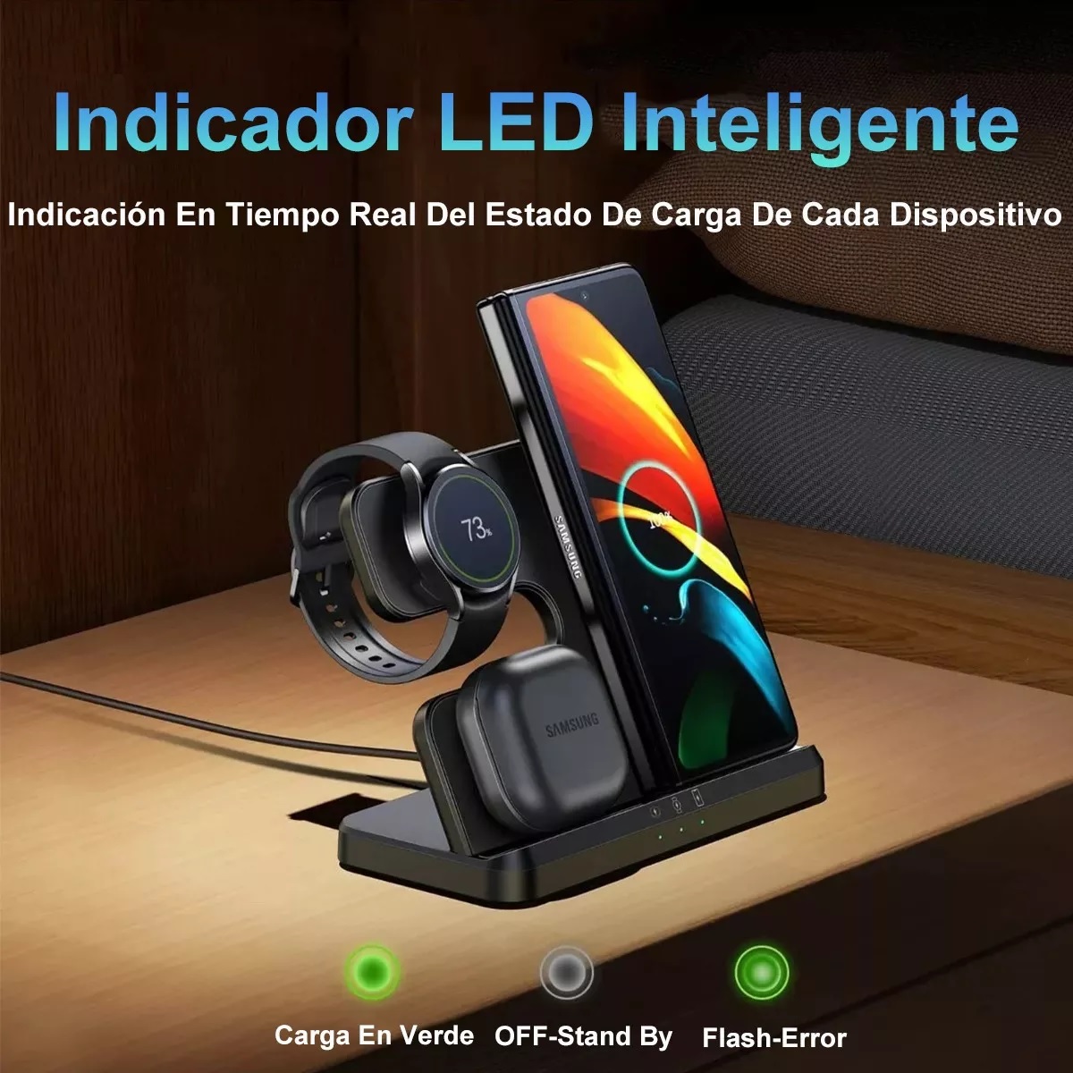 Cargador Inalámbrico 3 En 1 Para Samsung iPhone AirPods Negro .