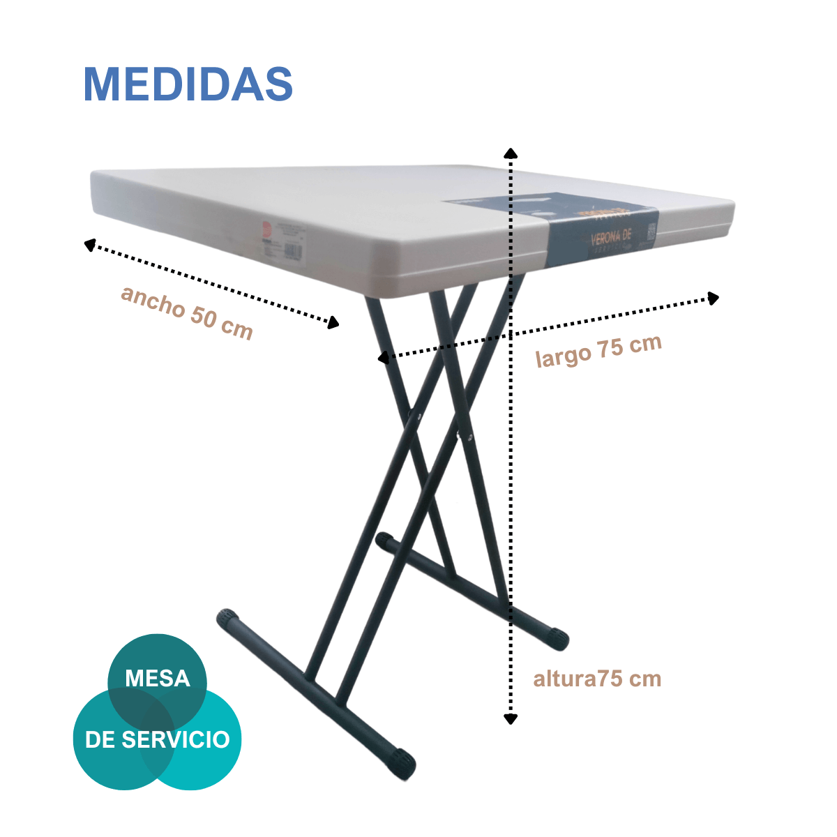 Mesa de Servicio Plegable Verona: duradera, portátil, altura ajustable 75 X 50 Cm..