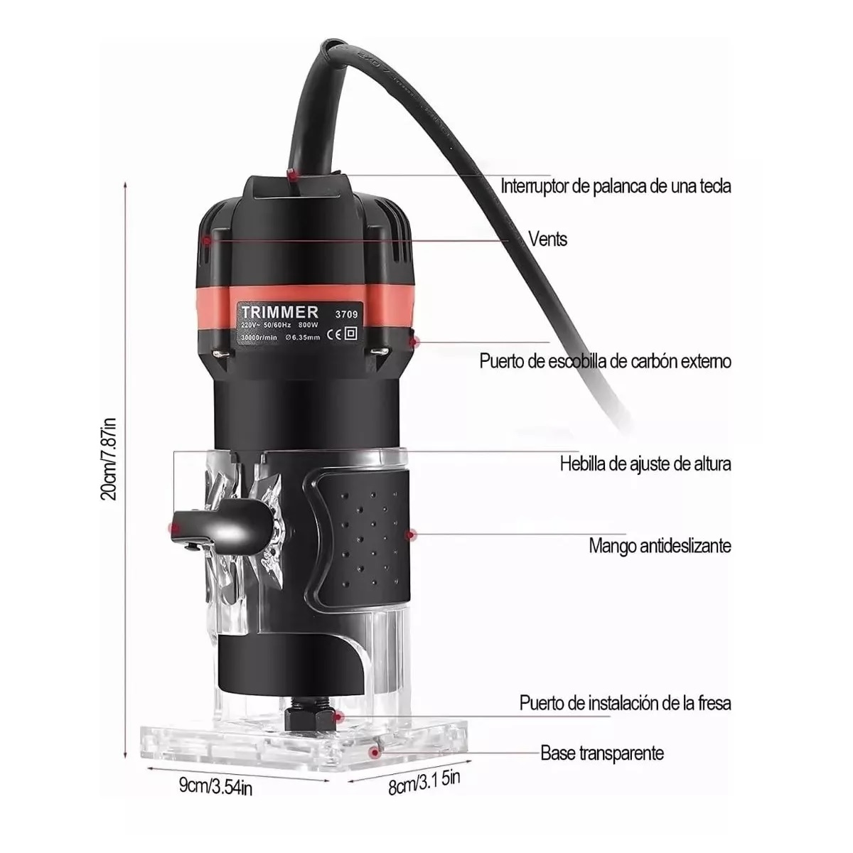 Router Madera Recortadora Rebajadora 800w +15 Brocas Carburo Negro/Rojo 