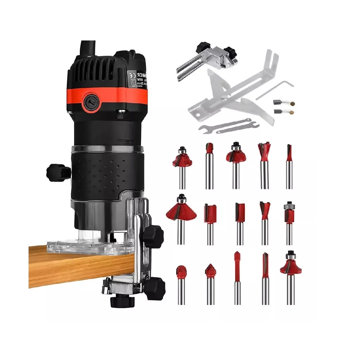 Router Madera Recortadora Rebajadora 800w +15 Brocas Carburo Negro/Rojo 