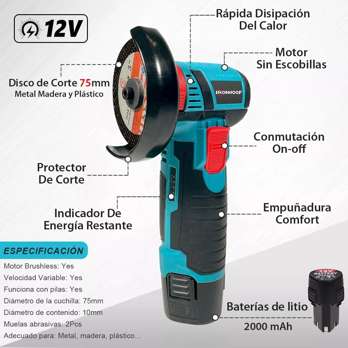Mini Esmeril Angular Inalámbrica Pulidora 12v 75mm 2 Batería Azul/Negro