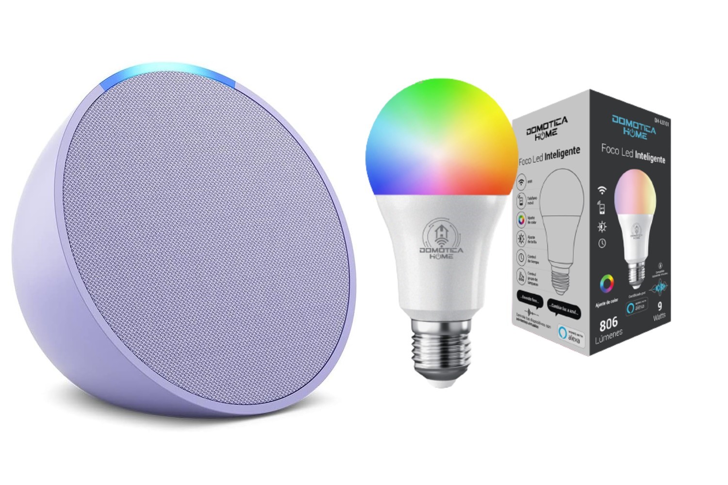 Echo Pop Color Violeta/Morado+ Foco Inteligente Certificado Alexa Violeta/Morado.