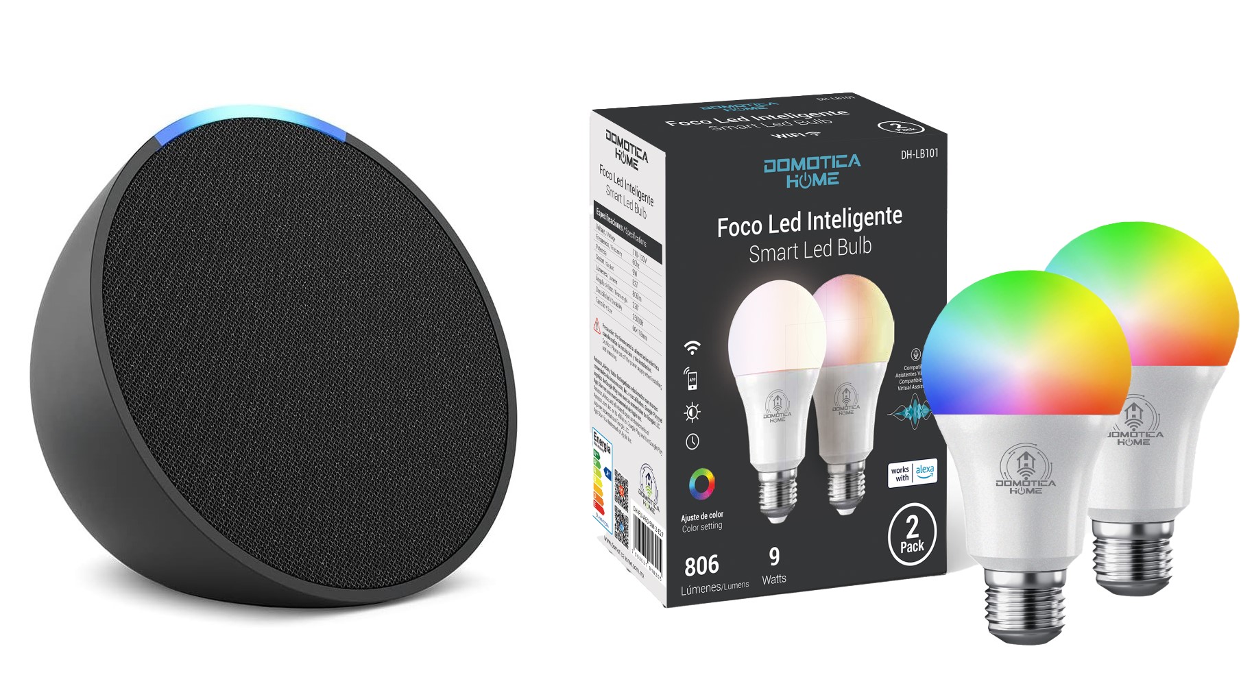 Kit Alexa Echo Pop Negro + Foco Led Inteligente 9w Certificado (2 Pk) Negro.