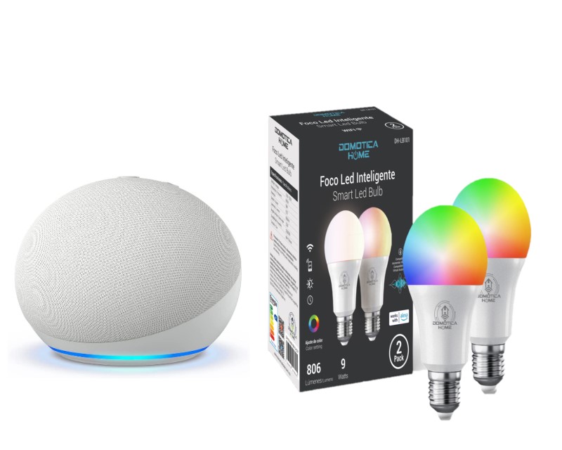 Kit Bocina Inteligente Alexa Echo Dot 5 Blanco + Focos Led Inteligentes 2 Pack RGB 9w 806 Lumenes Certificados con Alexa.