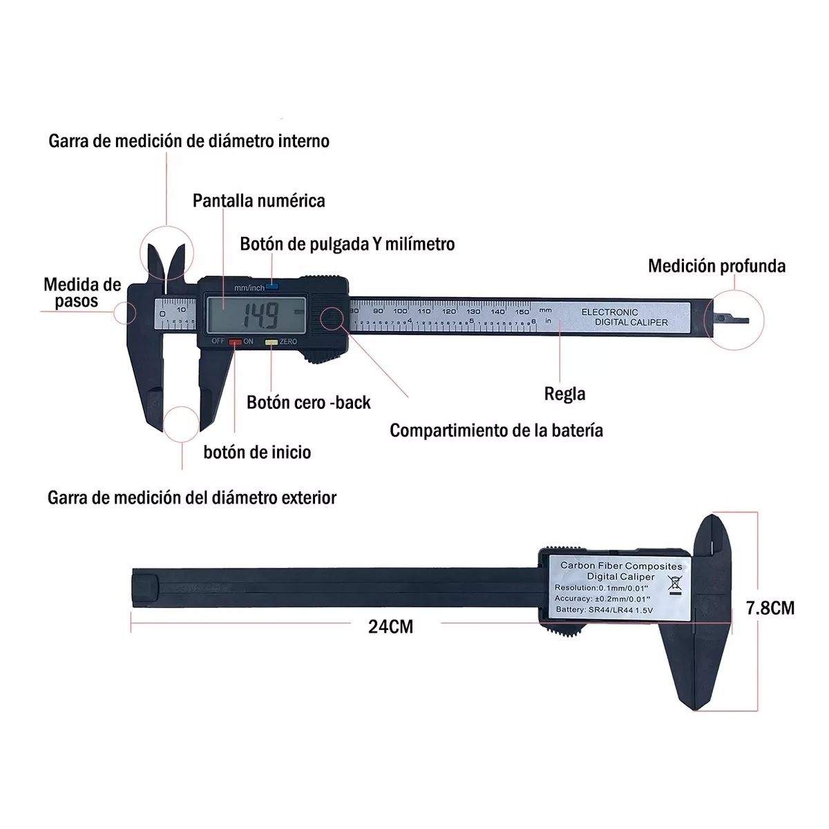 Calibrador Vernier Digital Pie De Rey 6in Precisión 0.01mm plata