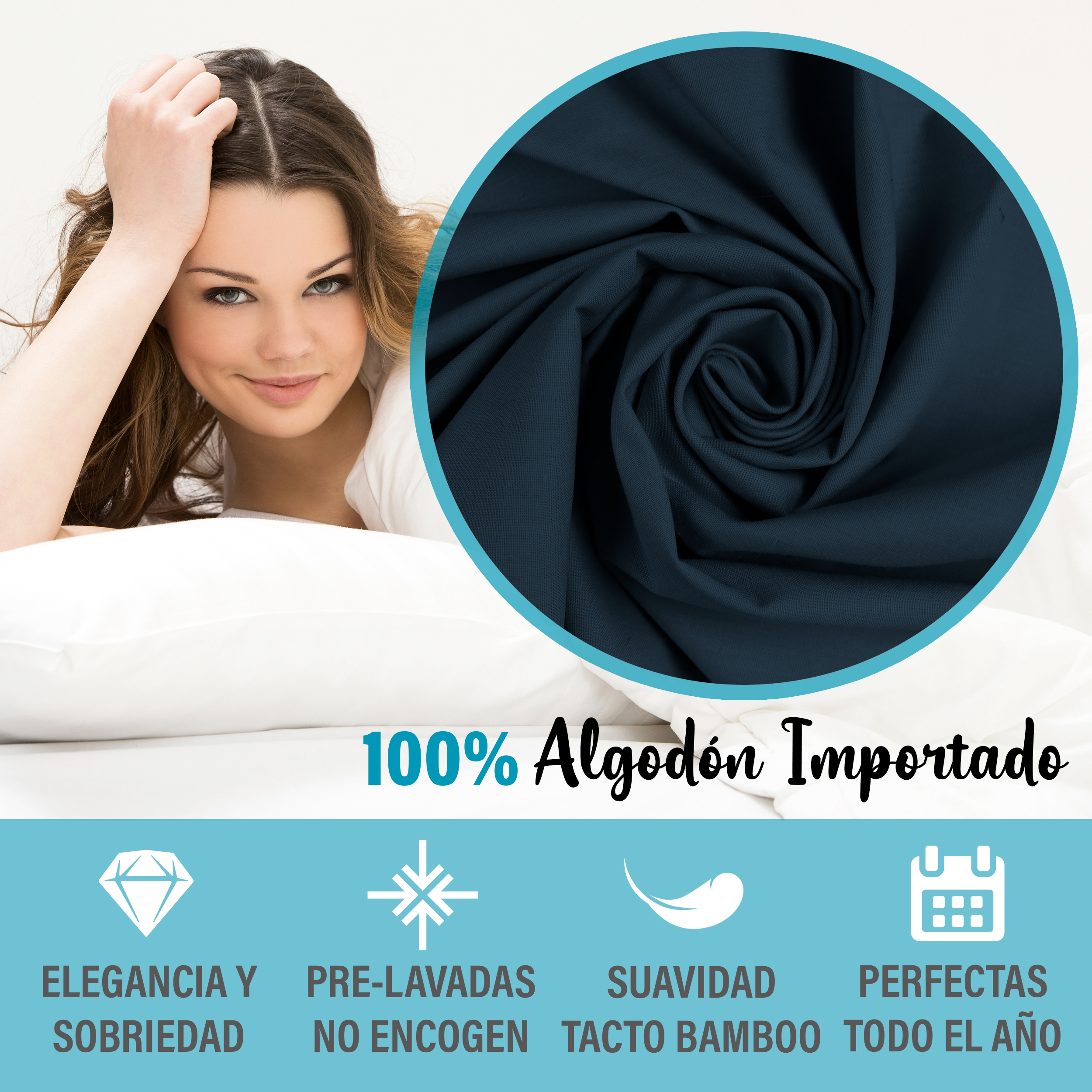 Juego De Sábanas Algodón King Size Color Azul Marino 4 Pzas Transpirable