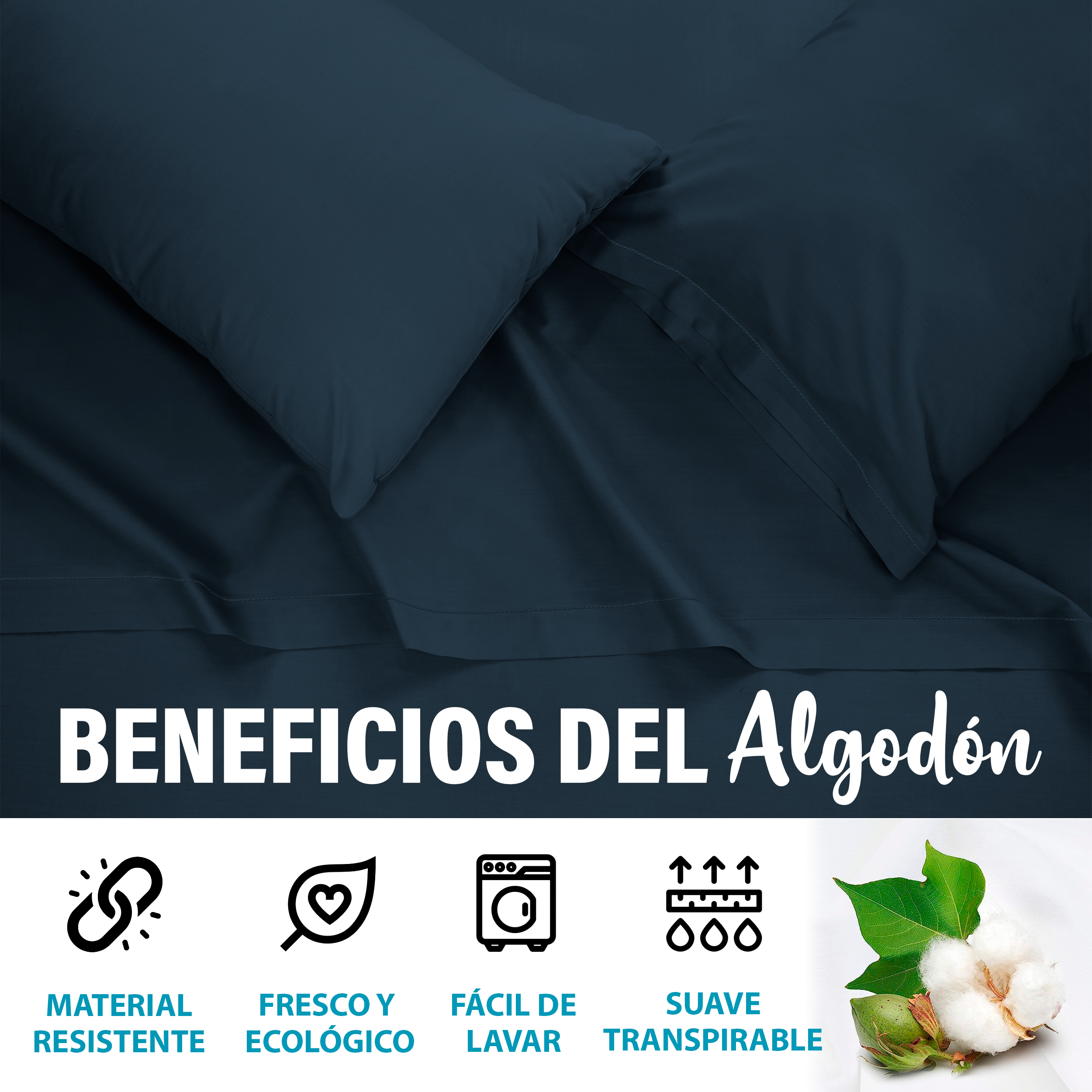 Juego De Sábanas Algodón King Size Color Azul Marino 4 Pzas Transpirable