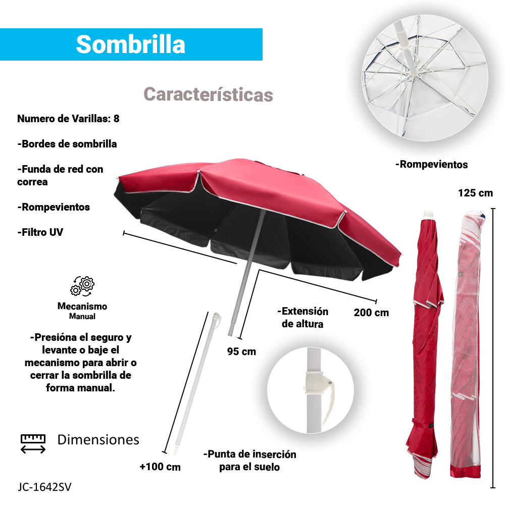 Sombrilla Playa Jardín Patio 2 Metro Exterior Sol/Lluvia Umbrella De Patio al Aire Libre Protección solar Sombrilla.