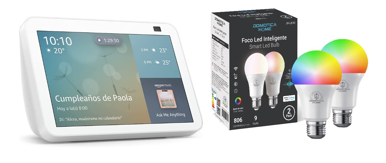 Kit Alexa Echo Show 8 Blanco + Focos Led Inteligentes 2 Pack.