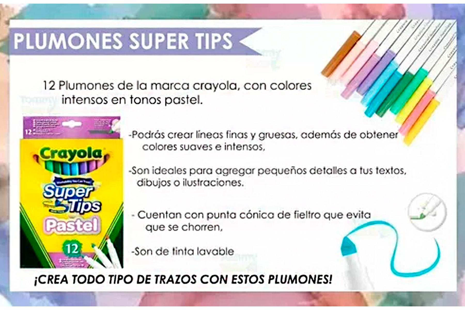 Kit De 20 Supertips Crayola + 12 Plumones Pastel Super Tips.