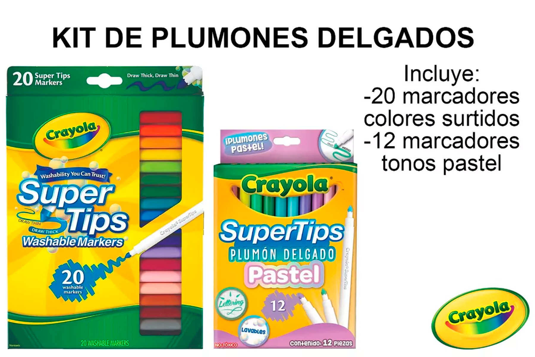 Kit De 20 Supertips Crayola + 12 Plumones Pastel Super Tips.