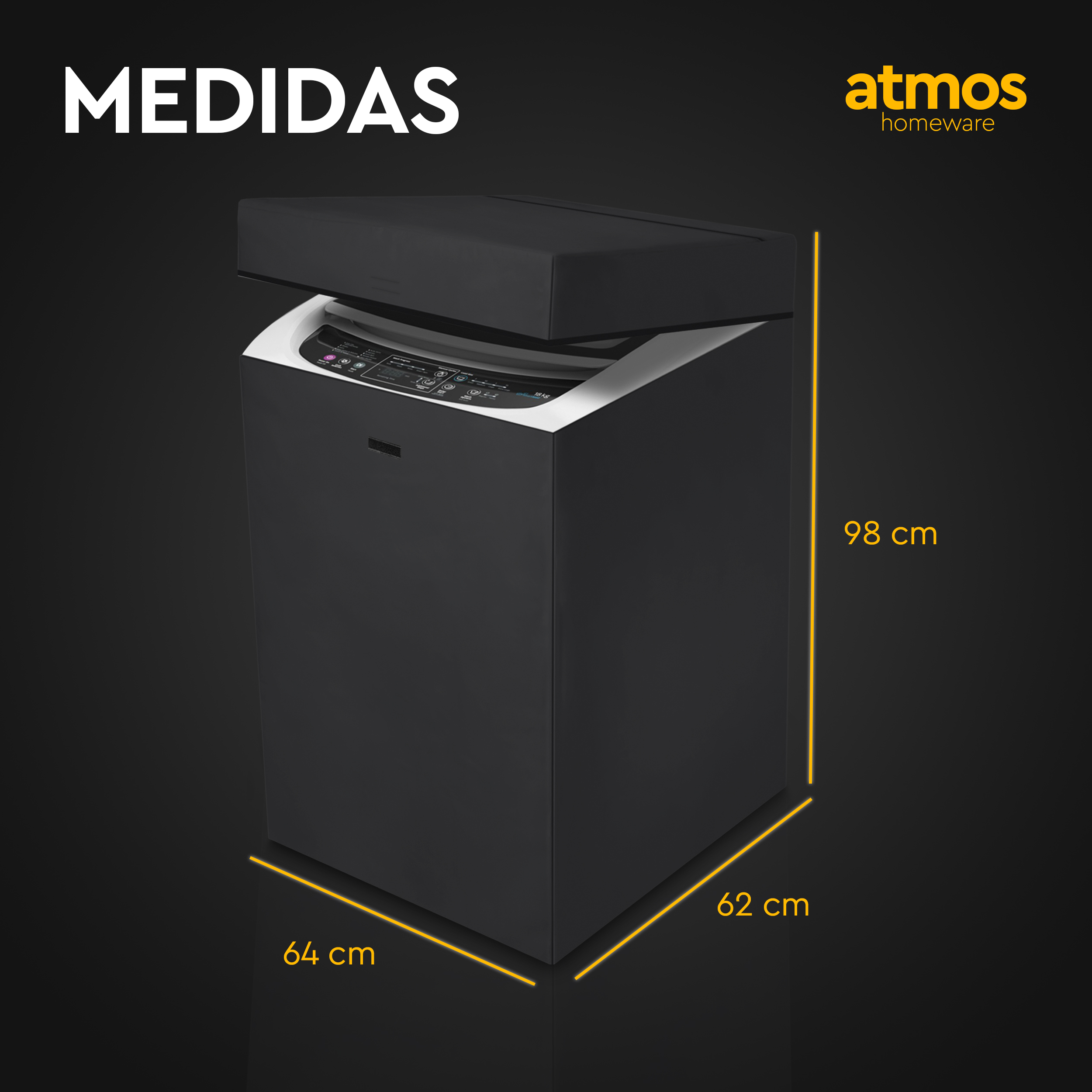 Funda Para Lavadora de Carga Superior Digital con Velcro (Protector Impermeable Atmos Homeware Black)