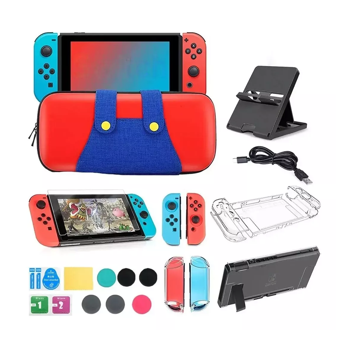 Kit Fundas Y Estuche De Nintendo Switch Con 20pzs Accesorios Rojo/Azul.