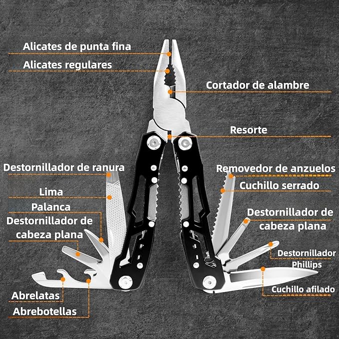 Yostyle Multiherramienta Alicates, Navaja Multiusos 14 en 1 de Acero Inoxidable, Multitool Pinzas Plegables Portátil Destornilladores con Bolsa de Nailon, para Acampar, Supervivencia al Aire Libre.
