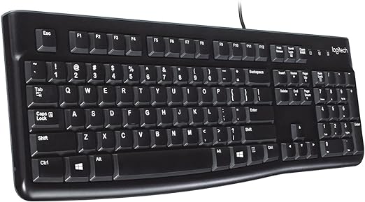 Logitech K120 Teclado con Cable para Windows, Plug-and-Play USB, Tamaño Normal, Resistente a las Salpicaduras, Barra Espaciadora Curvada, Compatible con PC, Laptop - Negro.