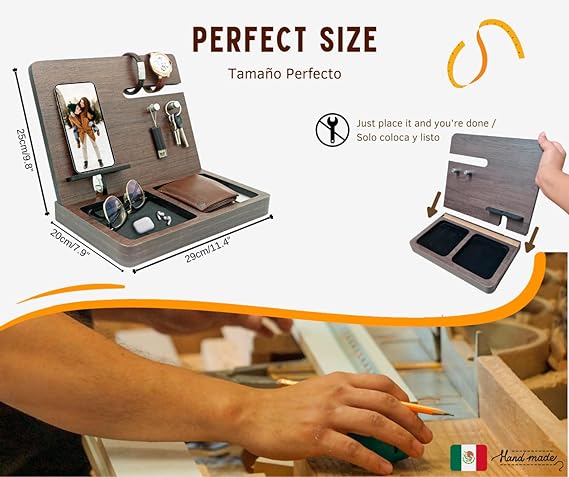 A  Organizador para celular, relojes, llaves, cartera, estación de carga.