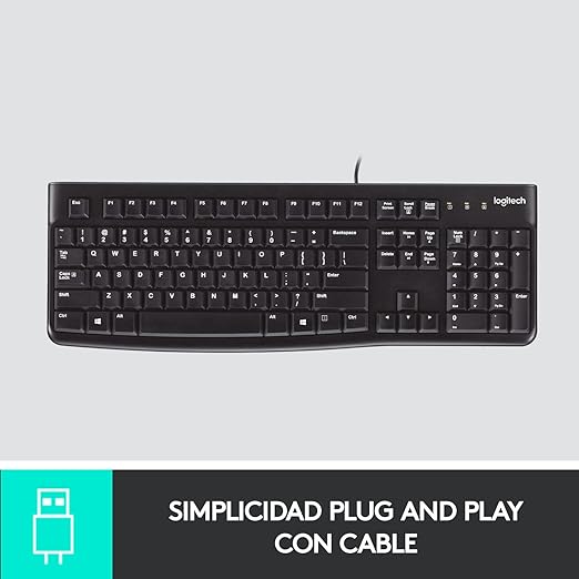 Logitech K120 Teclado con Cable para Windows, Plug-and-Play USB, Tamaño Normal, Resistente a las Salpicaduras, Barra Espaciadora Curvada, Compatible con PC, Laptop - Negro.