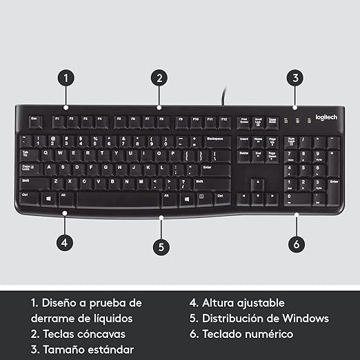Logitech K120 Teclado con Cable para Windows, Plug-and-Play USB, Tamaño Normal, Resistente a las Salpicaduras, Barra Espaciadora Curvada, Compatible con PC, Laptop - Negro.