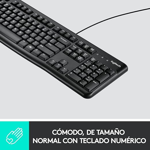 Logitech K120 Teclado con Cable para Windows, Plug-and-Play USB, Tamaño Normal, Resistente a las Salpicaduras, Barra Espaciadora Curvada, Compatible con PC, Laptop - Negro.