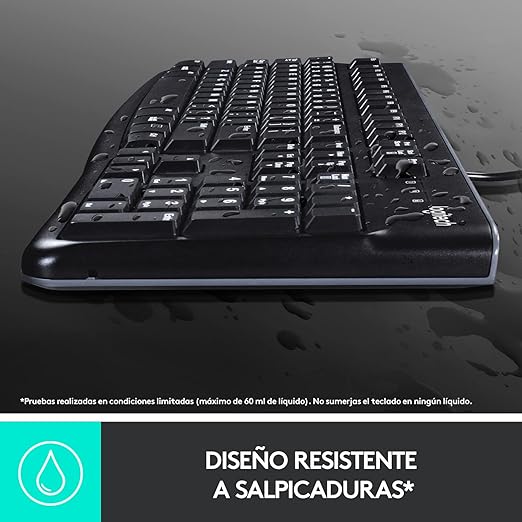 Logitech K120 Teclado con Cable para Windows, Plug-and-Play USB, Tamaño Normal, Resistente a las Salpicaduras, Barra Espaciadora Curvada, Compatible con PC, Laptop - Negro.