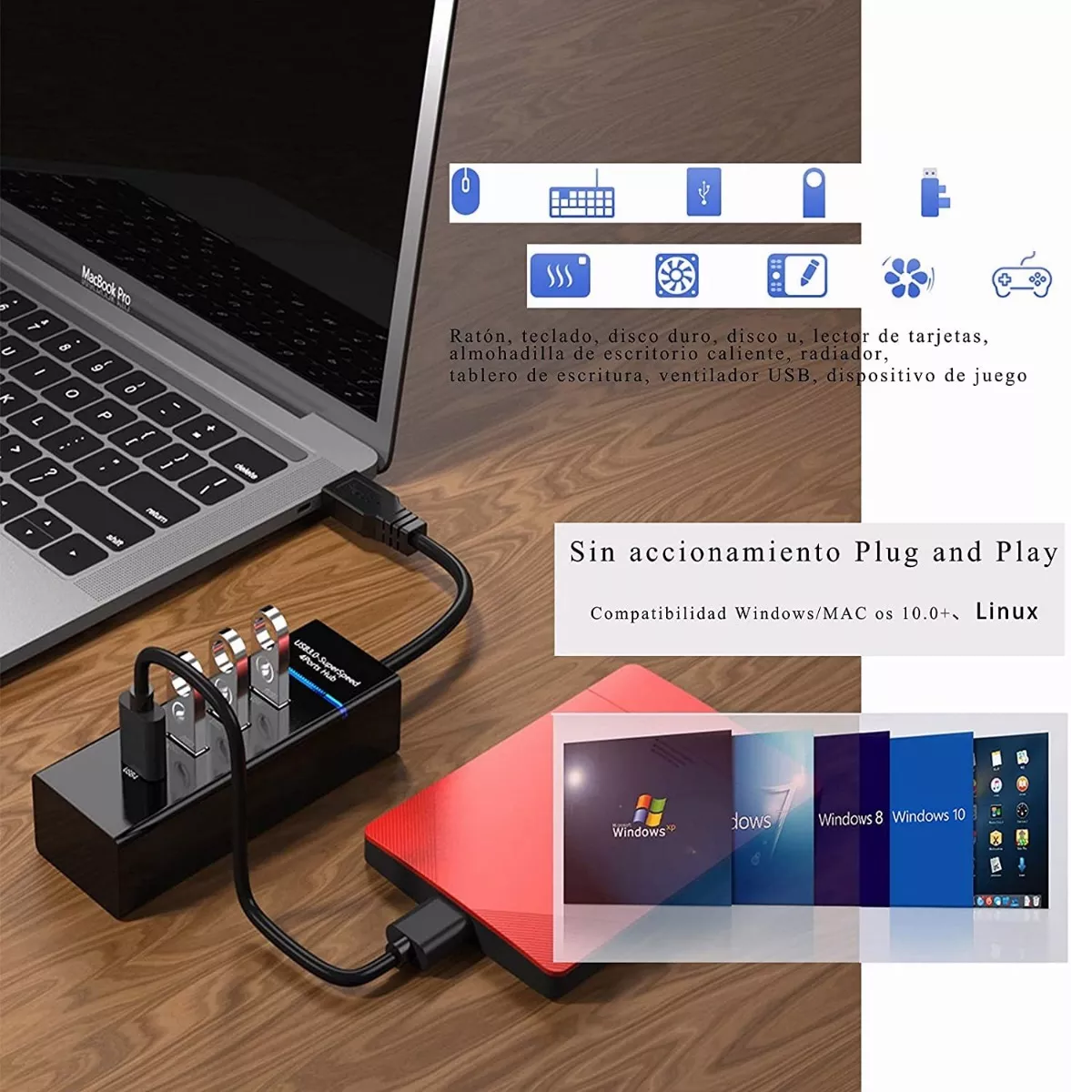 Hub Usb 3.0 4 Puertos Expansor Multi Para Laptop Pc 4 En 1