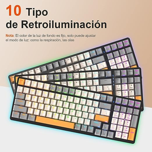 Teclado Mecanico Español Gamer K3, RGB Teclado Mecánico Gaming con Ñ, con 10 Efectos Iluminación RGB, 98 Teclas Anti-Ghosting, Ergonómico, Teclados para PC/Mac/Tablet (Combo Gris/Swich Blue).