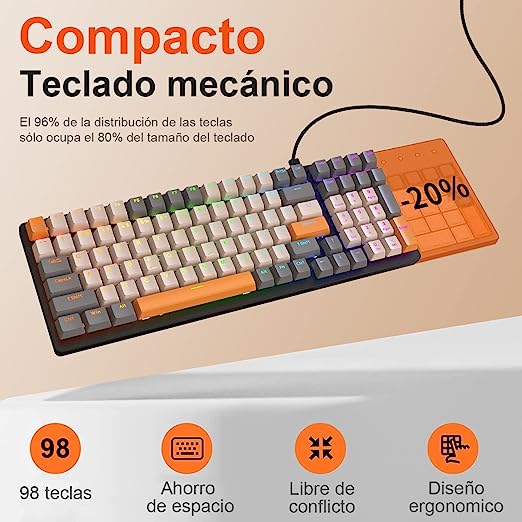 Teclado Mecanico Español Gamer K3, RGB Teclado Mecánico Gaming con Ñ, con 10 Efectos Iluminación RGB, 98 Teclas Anti-Ghosting, Ergonómico, Teclados para PC/Mac/Tablet (Combo Gris/Swich Blue).