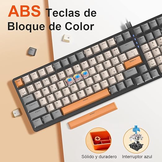Teclado Mecanico Español Gamer K3, RGB Teclado Mecánico Gaming con Ñ, con 10 Efectos Iluminación RGB, 98 Teclas Anti-Ghosting, Ergonómico, Teclados para PC/Mac/Tablet (Combo Gris/Swich Blue).