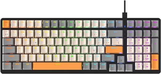 Teclado Mecanico Español Gamer K3, RGB Teclado Mecánico Gaming con Ñ, con 10 Efectos Iluminación RGB, 98 Teclas Anti-Ghosting, Ergonómico, Teclados para PC/Mac/Tablet (Combo Gris/Swich Blue).
