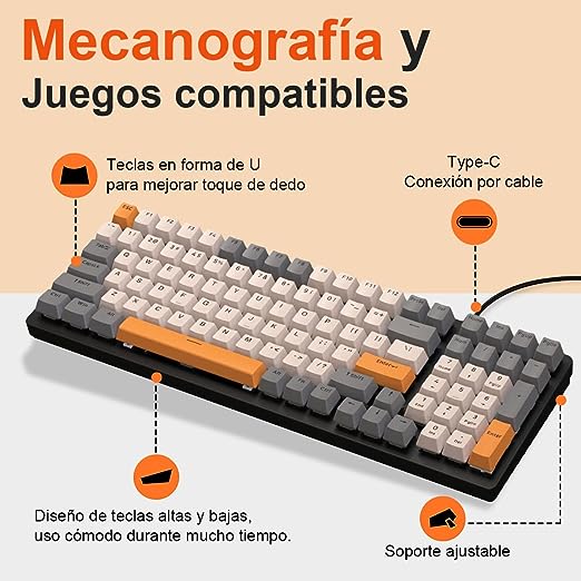 Teclado Mecanico Español Gamer K3, RGB Teclado Mecánico Gaming con Ñ, con 10 Efectos Iluminación RGB, 98 Teclas Anti-Ghosting, Ergonómico, Teclados para PC/Mac/Tablet (Combo Gris/Swich Blue).