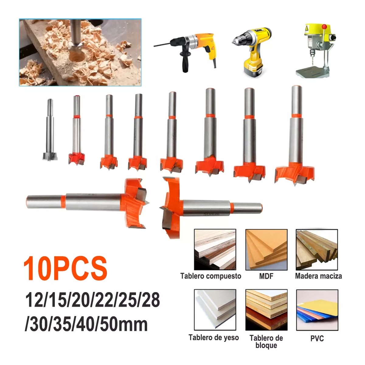 10 Pcs Broca Para Bisagra Forstner 12-35 Mm Madera Con Tope naranja