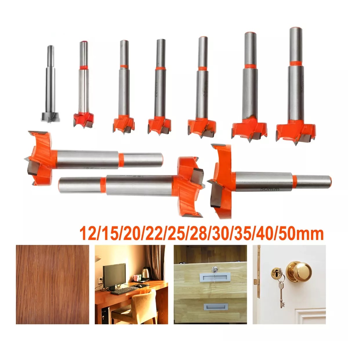 10 Pcs Broca Para Bisagra Forstner 12-35 Mm Madera Con Tope naranja